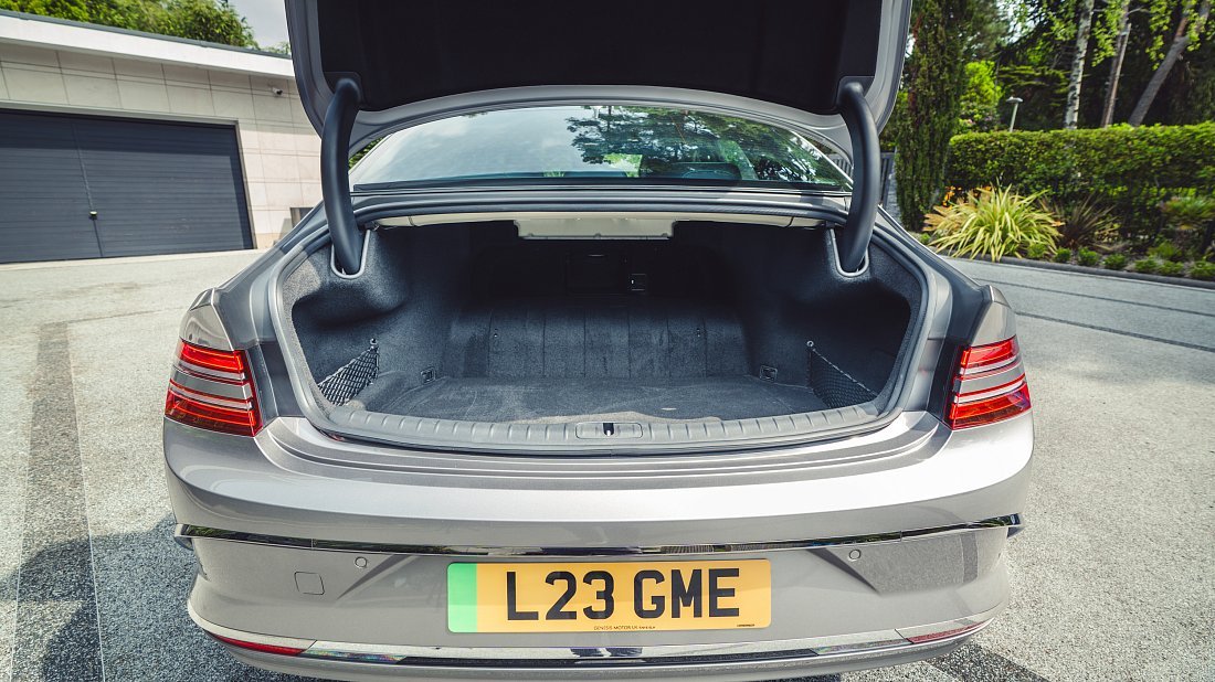 Genesis Electrified G80 AWD (2025-…) trunk photo, boot, seats up, seats upright, cargo space, cargo volume, cargo capacity, storage