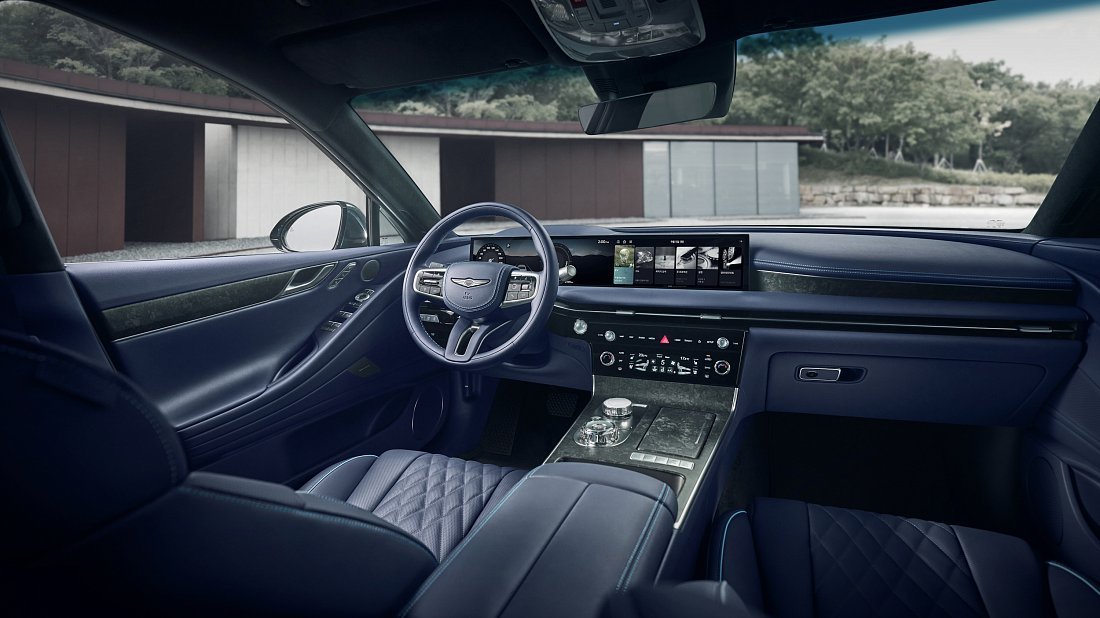 Genesis Electrified G80 AWD (2025-…) interior photo, front seat, driver seat, dashboard, steering wheel, infotainment, cockpit