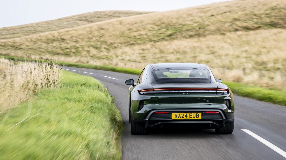 Porsche Taycan Turbo S (2024-…) rear view photo, taillights, trunk, spoiler, badge, bumper, exterior