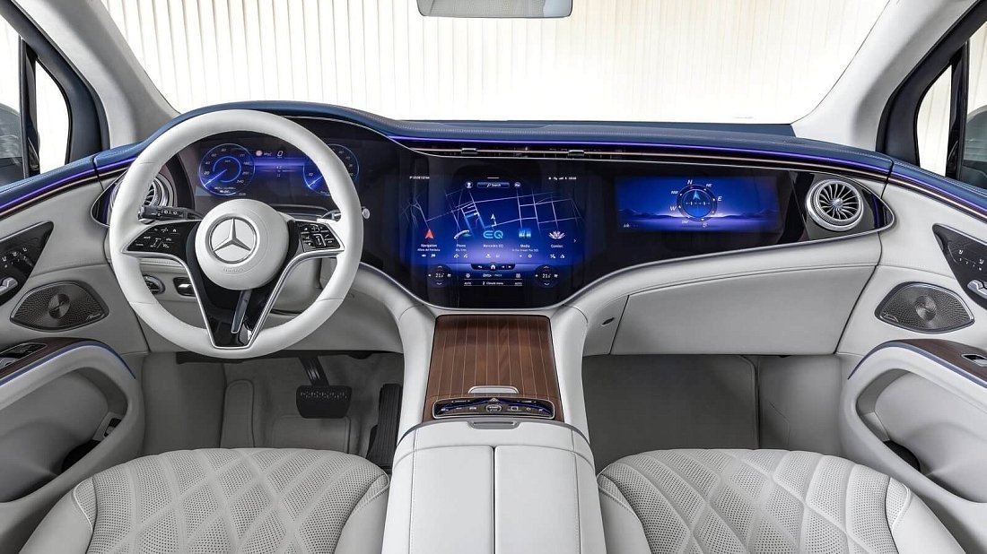 Mercedes EQS SUV 580 4MATIC (2023-…) interior, front seat, driver seat, dashboard, steering wheel, infotainment, cockpit