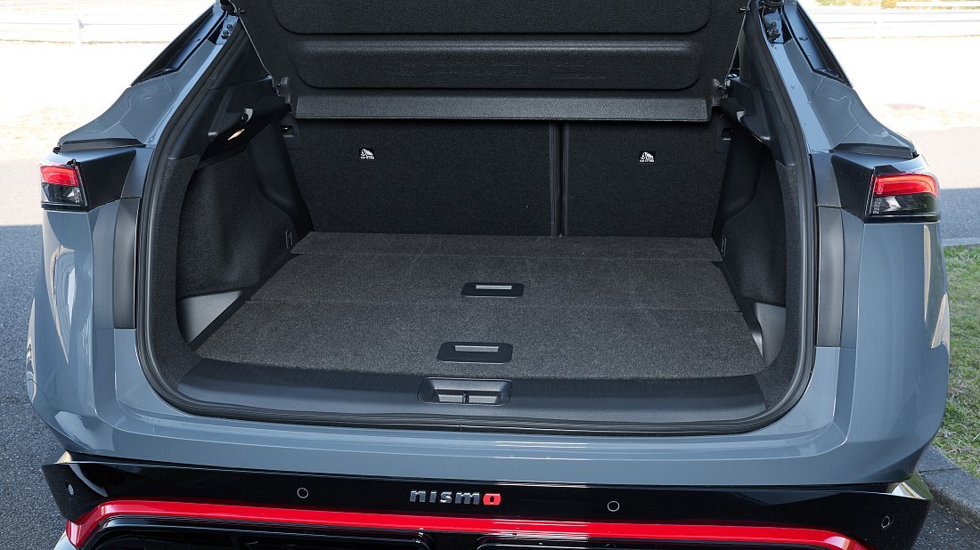 Nissan Ariya 87 kWh e-4ORCE AWD Nismo (2024-…) trunk photo, boot, seats up, seats upright, cargo space, cargo volume, cargo capacity, storage