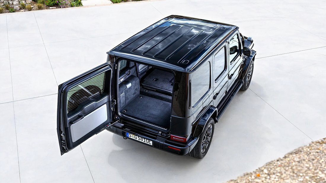 Mercedes G 580 EQ (2024-…) folded trunk photo, boot, expanded, folded seats, maximum volume, max cargo, max capacity, max storage