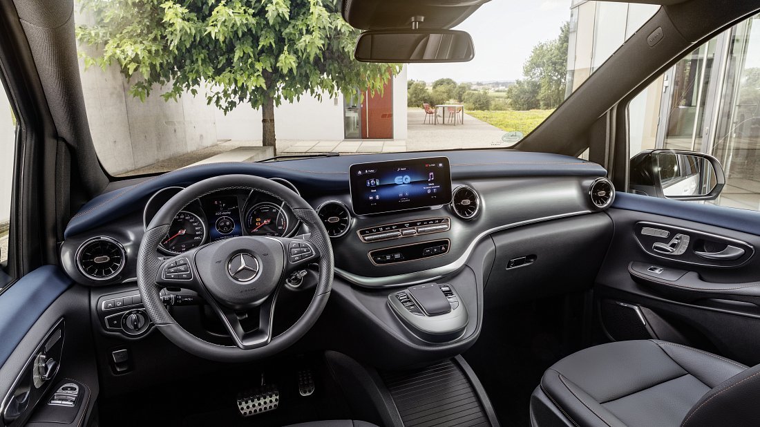 Mercedes EQV 300 Long (2020-2024) interior, front seat, driver seat, dashboard, steering wheel, infotainment, cockpit