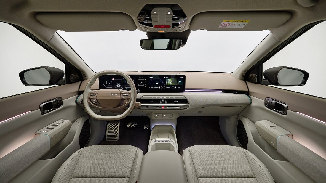 Kia EV4 Sedan Long Range (2025-…) interior, front seat, driver seat, dashboard, steering wheel, infotainment, cockpit
