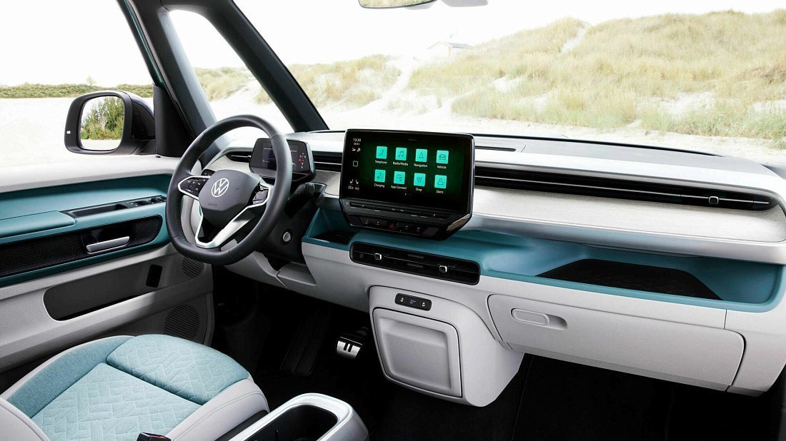 Volkswagen ID.Buzz Long Pro S (2024-…) interior, front seat, driver seat, dashboard, steering wheel, infotainment, cockpit