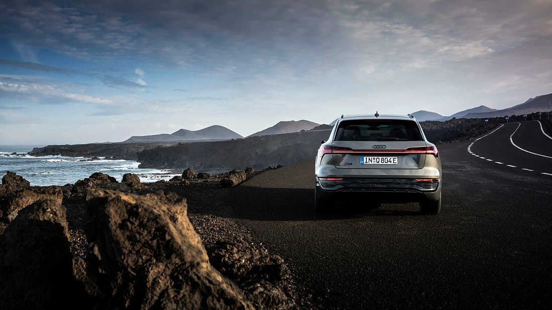 Audi Q8 e-tron 55 quattro (2022-…) rear view photo, taillights, trunk, spoiler, badge, bumper, exterior