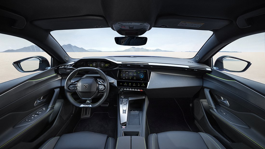 Peugeot e-408 58 kWh (2024-…) interior photo, front seat, driver seat, dashboard, steering wheel, infotainment, cockpit