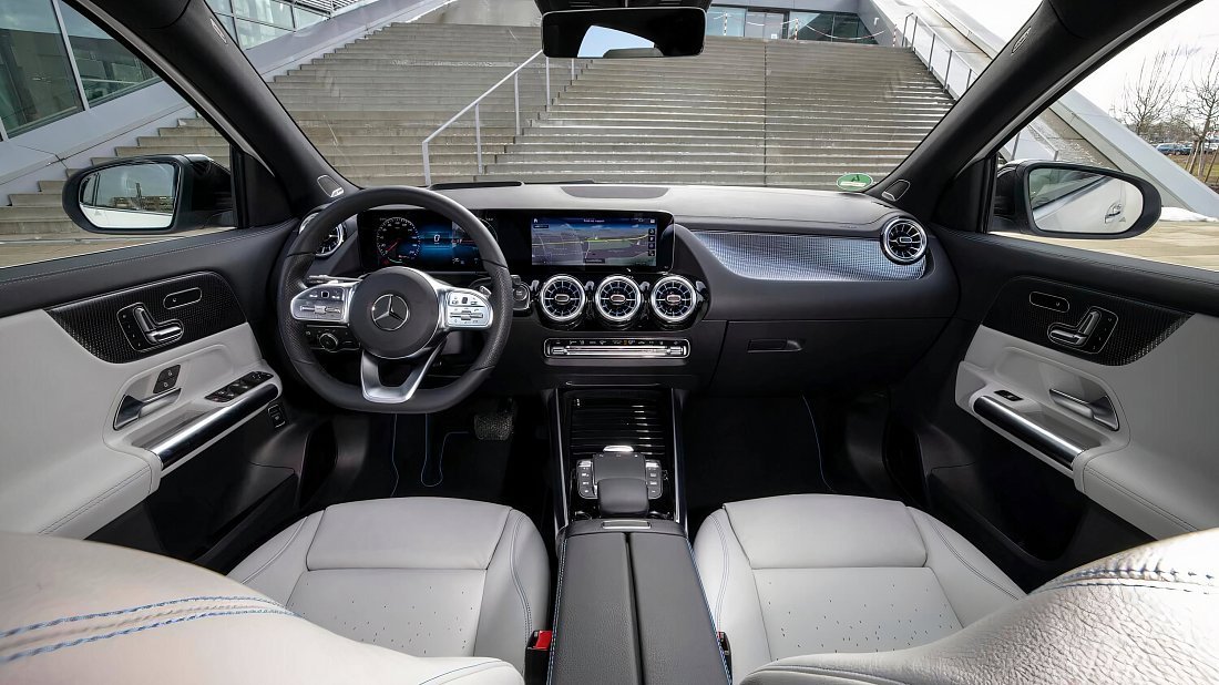 Mercedes EQA 250 (2021-2023) interior photo, front seat, driver seat, dashboard, steering wheel, infotainment, cockpit