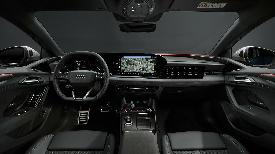 Audi S6 Sportback e-tron (2024-…) interior photo, front seat, driver seat, dashboard, steering wheel, infotainment, cockpit