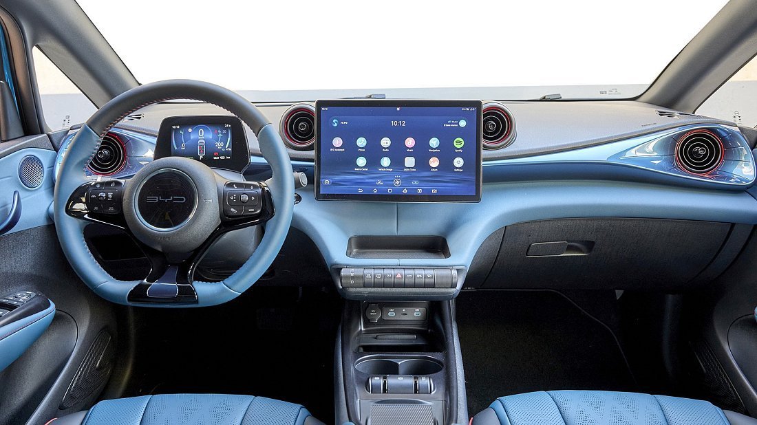 BYD Dolphin Comfort/Design (2023-…) interior, front seat, driver seat, dashboard, steering wheel, infotainment, cockpit