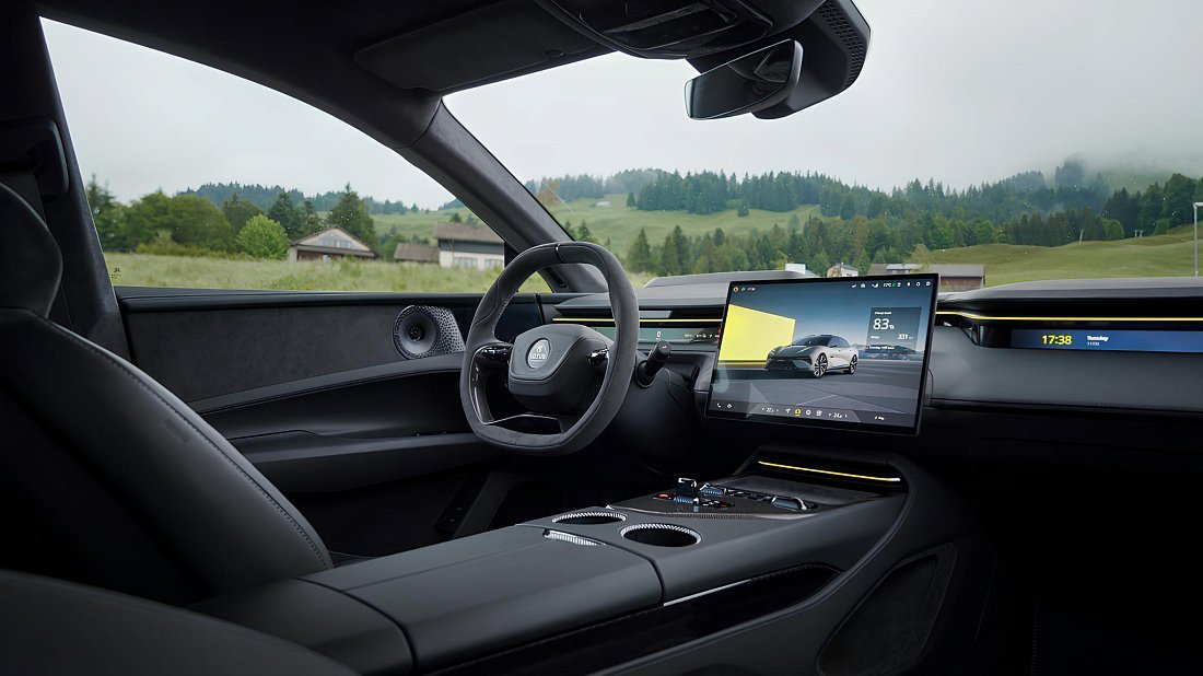 Lotus Emeya 600 (2024-...) interior, front seat, driver seat, dashboard, steering wheel, infotainment, cockpit