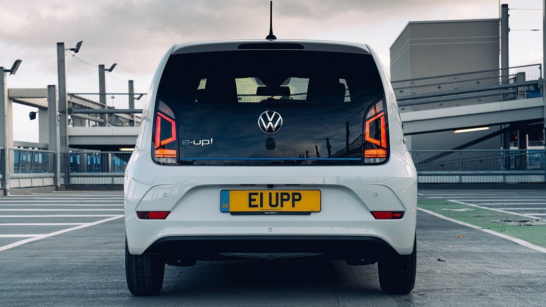 Volkswagen e-Up! 36.8 kWh (2020-2023) rear view, taillights, trunk, spoiler, badge, bumper, exterior