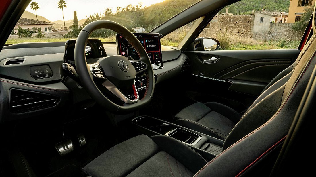 Volkswagen ID.3 GTX (2024-…) interior, front seat, driver seat, dashboard, steering wheel, infotainment, cockpit