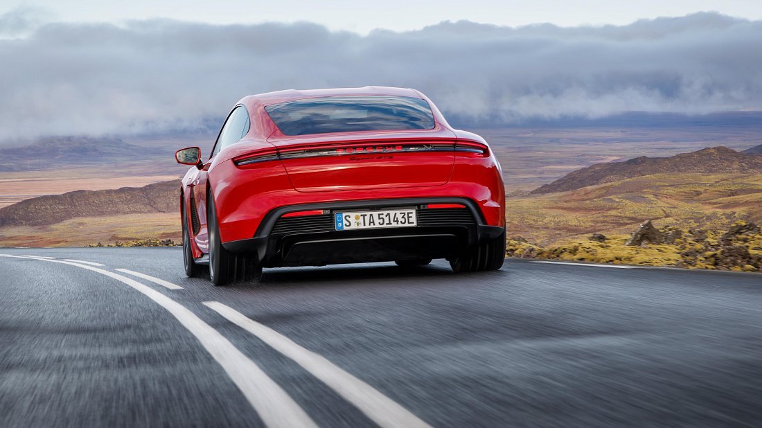Porsche Taycan GTS (2024-...) rear view photo, taillights, trunk, spoiler, badge, bumper, exterior
