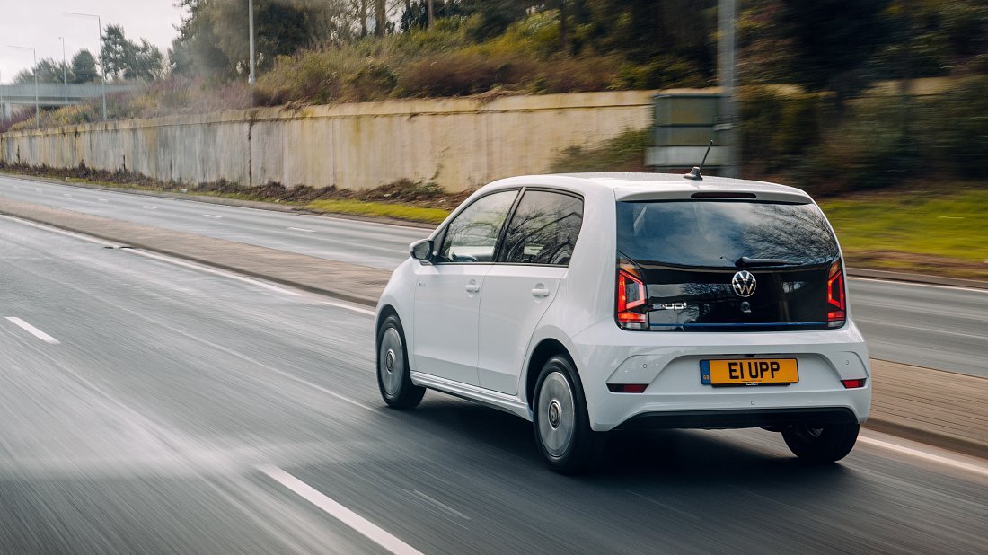 Volkswagen e-Up! 36.8 kWh (2020-2023) rear quarter, three-quarter view, diagonal, exterior