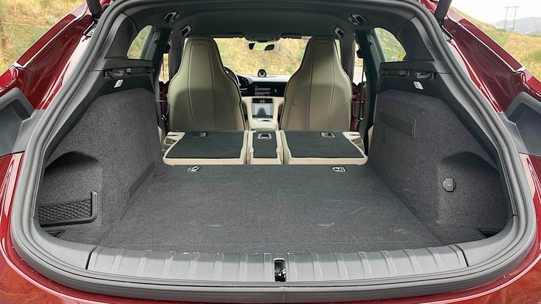 Porsche Taycan GTS Sport Turismo (2024-...) folded trunk photo, boot, expanded, folded seats, maximum volume, max cargo, max capacity, max storage