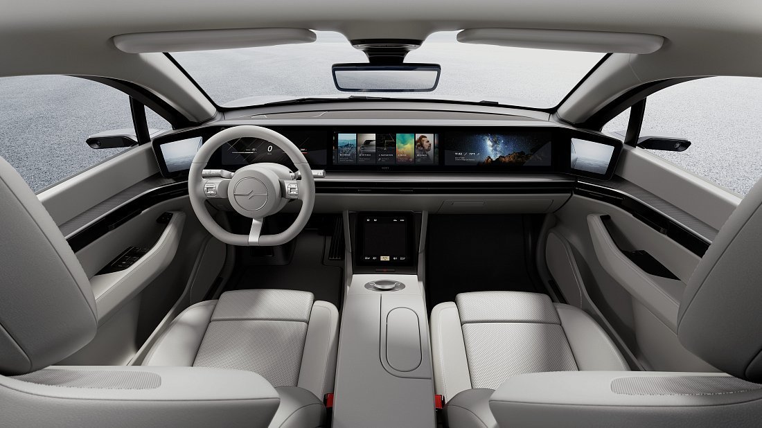 Sony Vision-S 01 interior, front seat, driver seat, dashboard, steering wheel, infotainment, cockpit