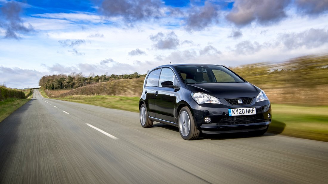 Seat Mii Electric (2019-2021) front view, front quarter, diagonal, exterior