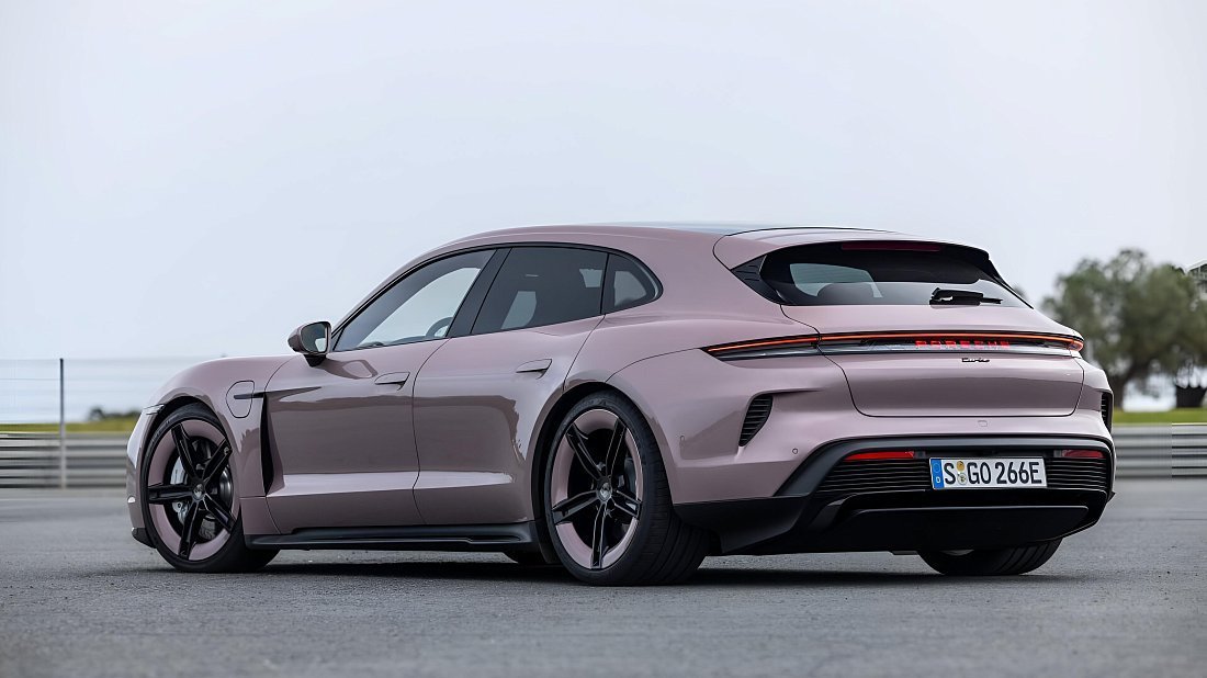 Porsche Taycan Turbo S Sport Turismo (2024-…) rear quarter, three-quarter view, diagonal, exterior