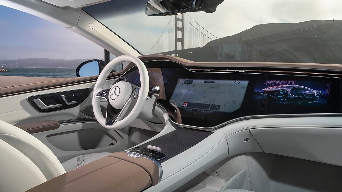 Mercedes EQS 350 (2021-2022) interior, front seat, driver seat, dashboard, steering wheel, infotainment, cockpit