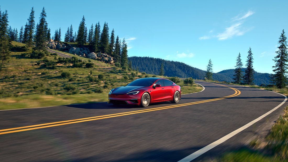Tesla Model S Plaid (2025-…) front view, front quarter, diagonal, exterior