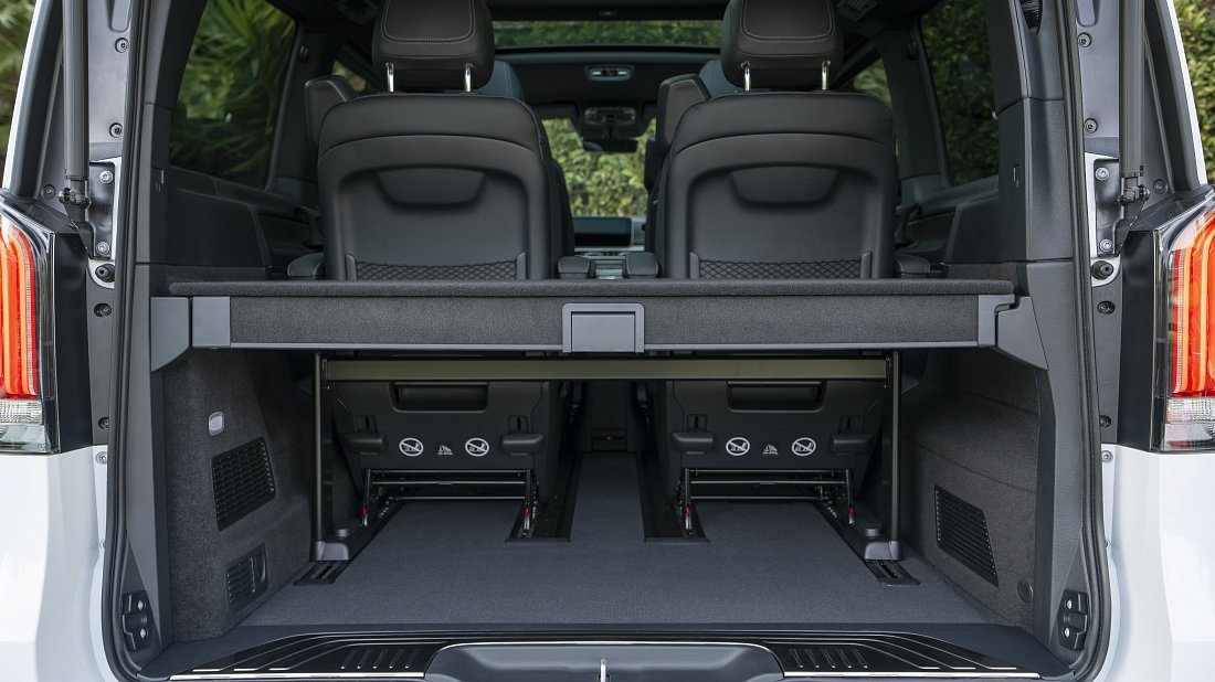 Mercedes EQV 300 Long (2024-...) trunk photo, boot, seats up, seats upright, cargo space, cargo volume, cargo capacity, storage