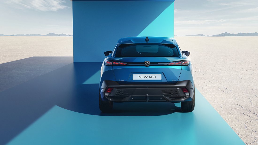 Peugeot e-408 58 kWh (2024-…) rear view photo, taillights, trunk, spoiler, badge, bumper, exterior