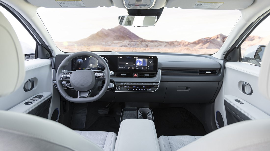 Hyundai Ioniq 5 XRT (2025-...) interior, front seat, driver seat, dashboard, steering wheel, infotainment, cockpit